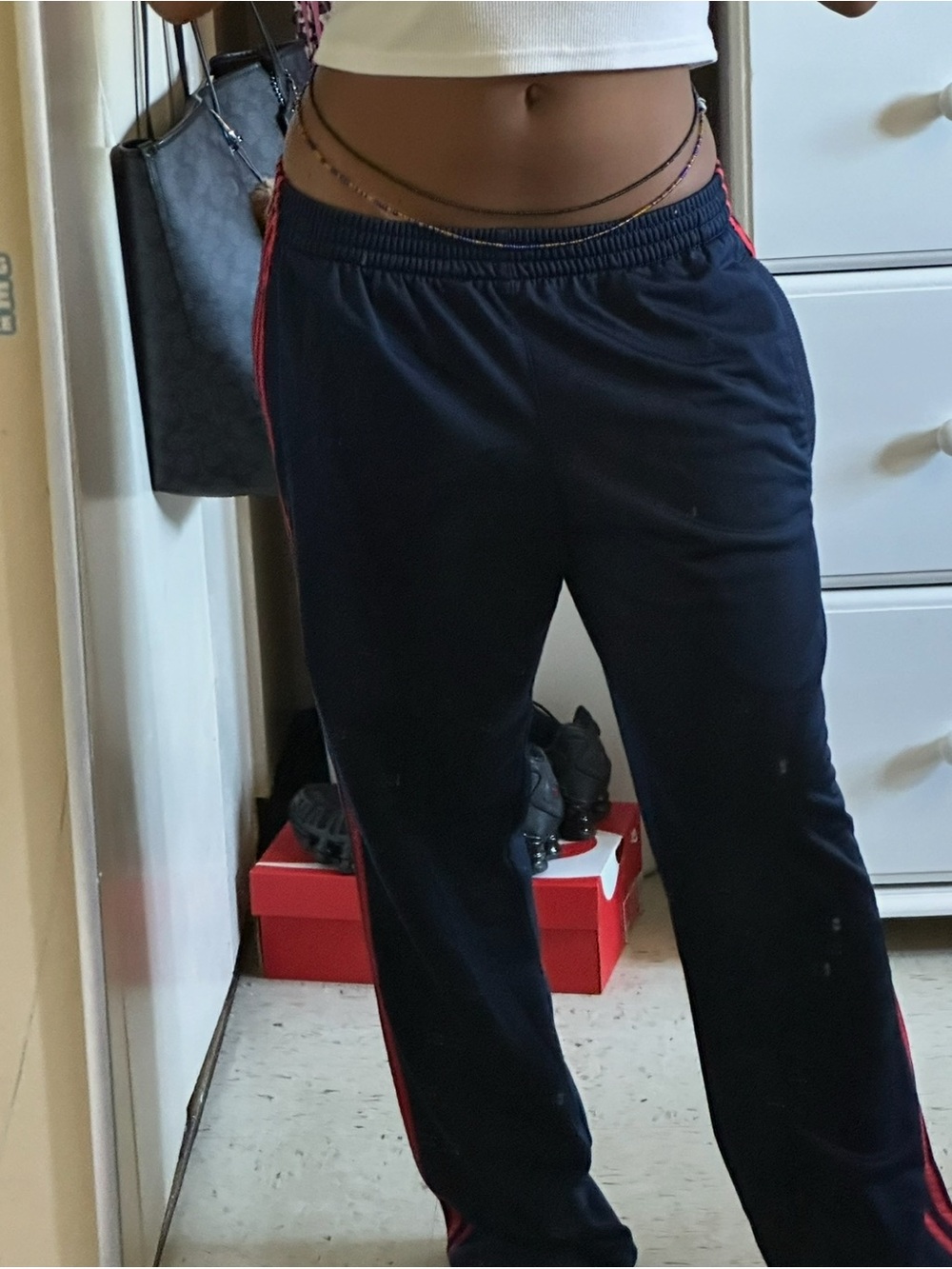 Low rise adidas Navy Track Pants with Red Side Stripes
